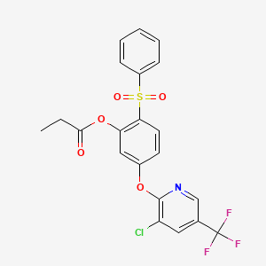 molecular formula C21H15ClF3NO5S B2522469 5-{[3-Chloro-5-(trifluoromethyl)-2-pyridinyl]oxy}-2-(phenylsulfonyl)phenyl propionate CAS No. 338407-05-9