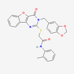 molecular formula C27H21N3O5S B2522483 2-{[3-(1,3-benzodioxol-5-ylmethyl)-4-oxo-3,4-dihydro[1]benzofuro[3,2-d]pyrimidin-2-yl]sulfanyl}-N-(2-methylphenyl)acetamide CAS No. 899754-57-5
