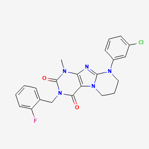 molecular formula C22H19ClFN5O2 B2522566 9-(3-chlorophenyl)-3-[(2-fluorophenyl)methyl]-1-methyl-7,8-dihydro-6H-purino[7,8-a]pyrimidine-2,4-dione CAS No. 893950-59-9