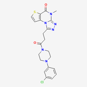 molecular formula C21H21ClN6O2S B2522583 1-(3-(4-(3-chlorophenyl)piperazin-1-yl)-3-oxopropyl)-4-methylthieno[2,3-e][1,2,4]triazolo[4,3-a]pyrimidin-5(4H)-one CAS No. 892280-10-3