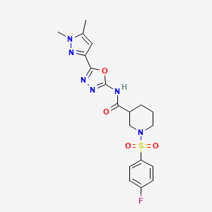 molecular formula C19H21FN6O4S B2522659 N-(5-(1,5-二甲基-1H-吡唑-3-基)-1,3,4-恶二唑-2-基)-1-((4-氟苯基)磺酰基)哌啶-3-甲酰胺 CAS No. 1171658-64-2