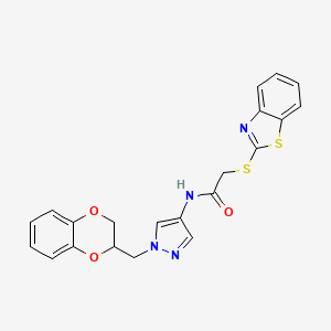 molecular formula C21H18N4O3S2 B2522665 2-(benzo[d]thiazol-2-ylthio)-N-(1-((2,3-dihydrobenzo[b][1,4]dioxin-2-yl)methyl)-1H-pyrazol-4-yl)acetamide CAS No. 1795299-49-8