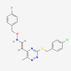 molecular formula C20H18ClFN4OS B2522705 3-((4-Chlorobenzyl)sulfanyl)-5-(2-(((4-fluorobenzyl)oxy)amino)vinyl)-6-methyl-1,2,4-triazine CAS No. 338775-67-0
