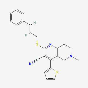 molecular formula C23H21N3S2 B2522801 6-methyl-2-{[(2E)-3-phenylprop-2-en-1-yl]sulfanyl}-4-(thiophen-2-yl)-5,6,7,8-tetrahydro-1,6-naphthyridine-3-carbonitrile CAS No. 327170-32-1