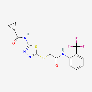 molecular formula C15H13F3N4O2S2 B2522835 N-(5-((2-oxo-2-((2-(trifluoromethyl)phenyl)amino)ethyl)thio)-1,3,4-thiadiazol-2-yl)cyclopropanecarboxamide CAS No. 392296-91-2