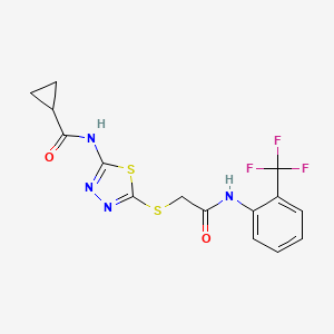 molecular formula C15H13F3N4O2S2 B2522835 N-(5-((2-Oxo-2-((2-(Trifluormethyl)phenyl)amino)ethyl)thio)-1,3,4-thiadiazol-2-yl)cyclopropancarboxamid CAS No. 392296-91-2