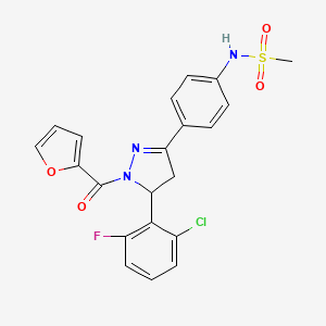 molecular formula C21H17ClFN3O4S B2522837 N-(4-(5-(2-chloro-6-fluorophenyl)-1-(furan-2-carbonyl)-4,5-dihydro-1H-pyrazol-3-yl)phenyl)methanesulfonamide CAS No. 863001-98-3