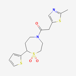 molecular formula C15H18N2O3S3 B2522893 1-(1,1-Dioxido-7-(thiophen-2-yl)-1,4-thiazepan-4-yl)-2-(2-methylthiazol-5-yl)ethanone CAS No. 2034308-18-2