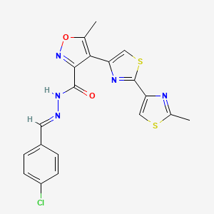 molecular formula C19H14ClN5O2S2 B2522937 N'-[(1E)-(4-クロロフェニル)メチリデン]-5-メチル-4-[2-(2-メチル-1,3-チアゾール-4-イル)-1,3-チアゾール-4-イル]-1,2-オキサゾール-3-カルボヒドラジド CAS No. 860787-59-3