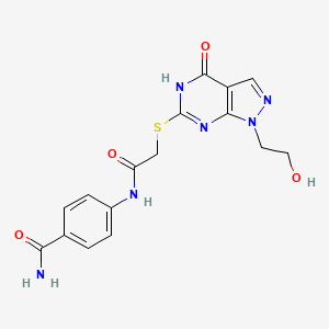 molecular formula C16H16N6O4S B2522953 4-[({[1-(2-羟乙基)-4-氧代-4,5-二氢-1H-吡唑并[3,4-d]嘧啶-6-基]硫代}乙酰)氨基]苯甲酰胺 CAS No. 946229-91-0