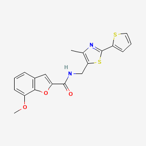 molecular formula C19H16N2O3S2 B2522983 7-methoxy-N-((4-methyl-2-(thiophen-2-yl)thiazol-5-yl)methyl)benzofuran-2-carboxamide CAS No. 1396867-32-5