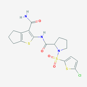 molecular formula C17H18ClN3O4S3 B2523019 N-(3-carbamoyl-5,6-dihydro-4H-cyclopenta[b]thiophen-2-yl)-1-((5-chlorothiophen-2-yl)sulfonyl)pyrrolidine-2-carboxamide CAS No. 1095323-05-9