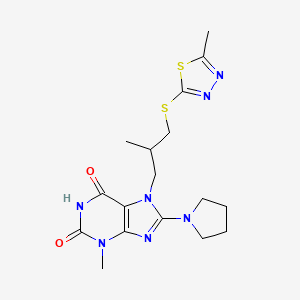 molecular formula C17H23N7O2S2 B2523029 3-Methyl-7-[2-methyl-3-[(5-methyl-1,3,4-thiadiazol-2-yl)sulfanyl]propyl]-8-pyrrolidin-1-ylpurine-2,6-dione CAS No. 872627-91-3