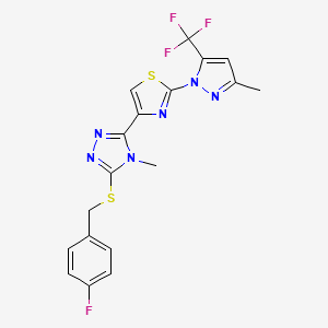 molecular formula C18H14F4N6S2 B2523041 4-fluorobenzyl 4-methyl-5-{2-[3-methyl-5-(trifluoromethyl)-1H-pyrazol-1-yl]-1,3-thiazol-4-yl}-4H-1,2,4-triazol-3-yl sulfide CAS No. 955976-78-0