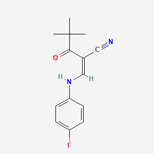 molecular formula C14H15FN2O B2523095 2-(2,2-二甲基丙酰基)-3-((4-氟苯基)氨基)丙-2-烯腈 CAS No. 1025581-91-2