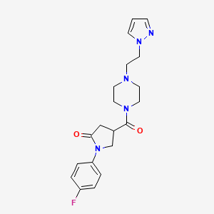 molecular formula C20H24FN5O2 B2523157 4-(4-(2-(1H-pyrazol-1-yl)ethyl)piperazine-1-carbonyl)-1-(4-fluorophenyl)pyrrolidin-2-one CAS No. 1286710-50-6