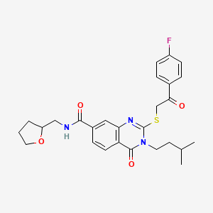 molecular formula C27H30FN3O4S B2523207 2-((2-(4-fluorophényl)-2-oxoéthyl)thio)-3-isopentyl-4-oxo-N-((tétrahydrofuran-2-yl)méthyl)-3,4-dihydroquinazoline-7-carboxamide CAS No. 1113134-25-0