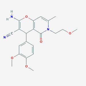 molecular formula C21H23N3O5 B2523226 2-アミノ-4-(3,4-ジメトキシフェニル)-6-(2-メトキシエチル)-7-メチル-5-オキソ-5,6-ジヒドロ-4H-ピラノ[3,2-c]ピリジン-3-カルボニトリル CAS No. 880794-96-7