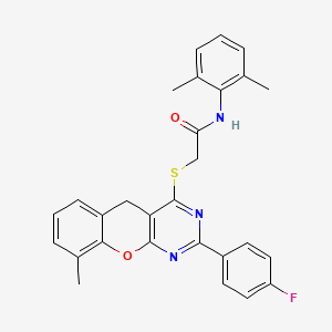 molecular formula C28H24FN3O2S B2523250 N-(2,6-dimethylphenyl)-2-[[2-(4-fluorophenyl)-9-methyl-5H-chromeno[2,3-d]pyrimidin-4-yl]sulfanyl]acetamide CAS No. 866873-19-0