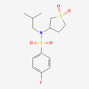 molecular formula C14H20FNO4S2 B2523265 N-(1,1-ジオキシドテトラヒドロチオフェン-3-イル)-4-フルオロ-N-イソブチルベンゼンスルホンアミド CAS No. 898405-57-7