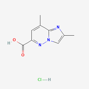 molecular formula C9H10ClN3O2 B2523292 2,8-二甲基咪唑并[1,2-b]哒嗪-6-羧酸；盐酸盐 CAS No. 2344680-05-1