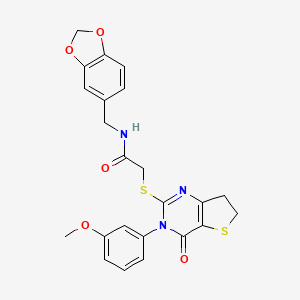 molecular formula C23H21N3O5S2 B2523293 N-(苯并[d][1,3]二氧杂环-5-基甲基)-2-((3-(3-甲氧基苯基)-4-氧代-3,4,6,7-四氢噻吩并[3,2-d]嘧啶-2-基)硫代)乙酰胺 CAS No. 877655-55-5