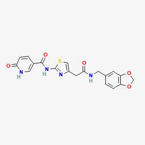 molecular formula C19H16N4O5S B2523330 N-(4-(2-((benzo[d][1,3]dioxol-5-ylmethyl)amino)-2-oxoethyl)thiazol-2-yl)-6-oxo-1,6-dihydropyridine-3-carboxamide CAS No. 946258-76-0