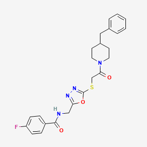 molecular formula C24H25FN4O3S B2523332 N-((5-((2-(4-benzylpiperidin-1-yl)-2-oxoethyl)thio)-1,3,4-oxadiazol-2-yl)methyl)-4-fluorobenzamide CAS No. 872613-95-1