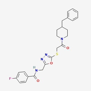 molecular formula C24H25FN4O3S B2523332 N-((5-((2-(4-ベンジルピペリジン-1-イル)-2-オキソエチル)チオ)-1,3,4-オキサジアゾール-2-イル)メチル)-4-フルオロベンズアミド CAS No. 872613-95-1