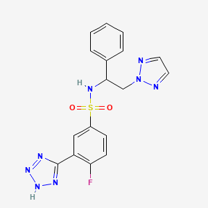 molecular formula C17H15FN8O2S B2523335 4-fluoro-N-(1-phenyl-2-(2H-1,2,3-triazol-2-yl)ethyl)-3-(1H-tetrazol-5-yl)benzenesulfonamide CAS No. 2320926-50-7