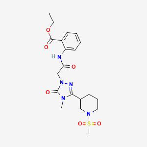 molecular formula C20H27N5O6S B2523343 ethyl 2-(2-(4-methyl-3-(1-(methylsulfonyl)piperidin-3-yl)-5-oxo-4,5-dihydro-1H-1,2,4-triazol-1-yl)acetamido)benzoate CAS No. 1105249-93-1