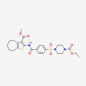 molecular formula C25H31N3O7S2 B2523349 ethyl 4-((4-((3-(methoxycarbonyl)-5,6,7,8-tetrahydro-4H-cyclohepta[b]thiophen-2-yl)carbamoyl)phenyl)sulfonyl)piperazine-1-carboxylate CAS No. 477571-74-7