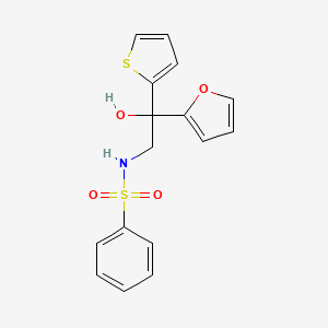 molecular formula C16H15NO4S2 B2523376 N-(2-(furan-2-yl)-2-hydroxy-2-(thiophen-2-yl)ethyl)benzenesulfonamide CAS No. 2034399-64-7