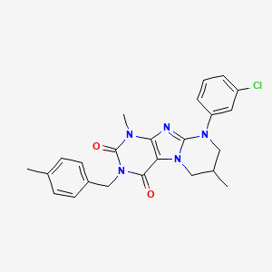 molecular formula C24H24ClN5O2 B2523401 9-(3-chlorophenyl)-1,7-dimethyl-3-(4-methylbenzyl)-6,7,8,9-tetrahydropyrimido[2,1-f]purine-2,4(1H,3H)-dione CAS No. 877617-78-2