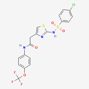 molecular formula C18H13ClF3N3O4S2 B2523415 2-(2-(4-chlorophenylsulfonamido)thiazol-4-yl)-N-(4-(trifluoromethoxy)phenyl)acetamide CAS No. 922099-85-2