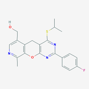 [5-(4-Fluorophenyl)-14-methyl-7-propan-2-ylsulfanyl-2-oxa-4,6,13-triazatricyclo[8.4.0.03,8]tetradeca-1(10),3(8),4,6,11,13-hexaen-11-yl]methanol