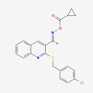 molecular formula C21H17ClN2O2S B2523486 N-((E)-{2-[(4-chlorobenzyl)sulfanyl]-3-quinolinyl}methylidene)-N-[(cyclopropylcarbonyl)oxy]amine CAS No. 692287-19-7