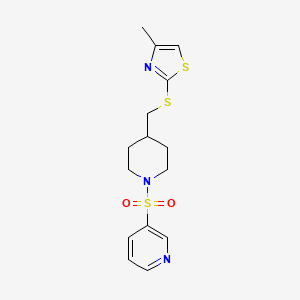 molecular formula C15H19N3O2S3 B2523491 4-Methyl-2-(((1-(pyridin-3-ylsulfonyl)piperidin-4-yl)methyl)thio)thiazole CAS No. 1428378-57-7