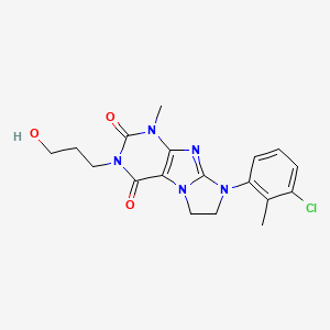 molecular formula C18H20ClN5O3 B2523494 8-(3-chloro-2-methylphenyl)-3-(3-hydroxypropyl)-1-methyl-7,8-dihydro-1H-imidazo[2,1-f]purine-2,4(3H,6H)-dione CAS No. 893967-42-5
