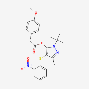 molecular formula C23H25N3O5S B2523593 [2-Tert-butyl-5-methyl-4-(2-nitrophenyl)sulfanylpyrazol-3-yl] 2-(4-methoxyphenyl)acetate CAS No. 851127-46-3