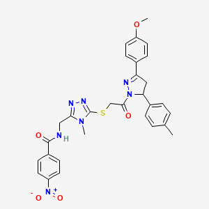 molecular formula C30H29N7O5S B2523604 N-[[5-[2-[5-(4-甲氧基苯基)-3-(4-甲基苯基)-3,4-二氢吡唑-2-基]-2-氧代乙基]硫代-4-甲基-1,2,4-三唑-3-基]甲基]-4-硝基苯甲酰胺 CAS No. 393583-13-6