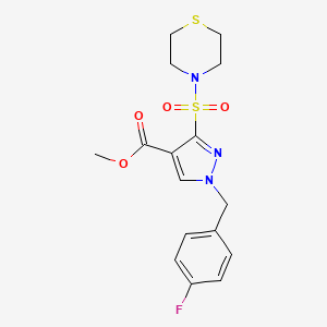 molecular formula C16H18FN3O4S2 B2523607 1-(4-氟苄基)-3-(硫代吗啉磺酰基)-1H-吡唑-4-羧酸甲酯 CAS No. 1251634-14-6