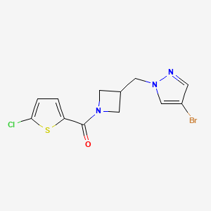 molecular formula C12H11BrClN3OS B2523622 [3-[(4-Bromopyrazol-1-yl)methyl]azetidin-1-yl]-(5-chlorothiophen-2-yl)methanone CAS No. 2415534-41-5