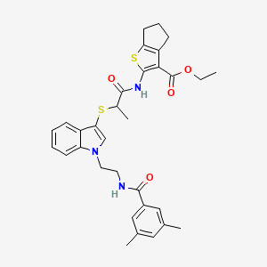 molecular formula C32H35N3O4S2 B2523654 ethyl 2-(2-((1-(2-(3,5-dimethylbenzamido)ethyl)-1H-indol-3-yl)thio)propanamido)-5,6-dihydro-4H-cyclopenta[b]thiophene-3-carboxylate CAS No. 532974-54-2