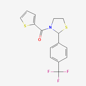 molecular formula C15H12F3NOS2 B2523678 噻吩-2-基-[2-[4-(三氟甲基)苯基]-1,3-噻唑烷-3-基]甲苯酮 CAS No. 1023484-14-1