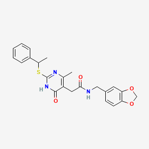molecular formula C23H23N3O4S B2523711 N-(benzo[d][1,3]dioxol-5-ylmethyl)-2-(4-methyl-6-oxo-2-((1-phenylethyl)thio)-1,6-dihydropyrimidin-5-yl)acetamide CAS No. 1105245-82-6