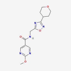 molecular formula C14H17N5O4 B2523712 2-methoxy-N-((3-(tetrahydro-2H-pyran-4-yl)-1,2,4-oxadiazol-5-yl)methyl)pyrimidine-5-carboxamide CAS No. 2034291-53-5