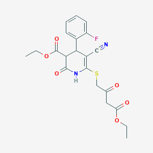 molecular formula C21H21FN2O6S B2523725 Ethyl 5-cyano-6-[(4-ethoxy-2,4-dioxobutyl)sulfanyl]-4-(2-fluorophenyl)-2-oxo-1,2,3,4-tetrahydropyridine-3-carboxylate CAS No. 797021-39-7
