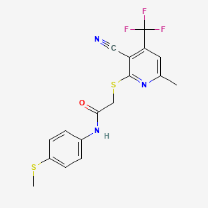 molecular formula C17H14F3N3OS2 B2523751 2-{[3-氰基-6-甲基-4-(三氟甲基)-2-吡啶基]硫代}-N-[4-(甲硫基)苯基]乙酰胺 CAS No. 674804-90-1
