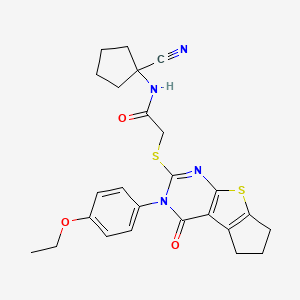 molecular formula C25H26N4O3S2 B2523752 N-(1-Cyanocyclopentyl)-2-[[11-(4-ethoxyphenyl)-12-oxo-7-thia-9,11-diazatricyclo[6.4.0.02,6]dodeca-1(8),2(6),9-trien-10-yl]sulfanyl]acetamide CAS No. 854138-84-4